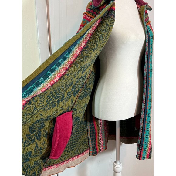 IVKO 100% WOOL LONG CARDIGAN HOODIE MULTICOLOR FLORAL SWEATER KNIT WOMENS 40/L - Picture 6 of 13